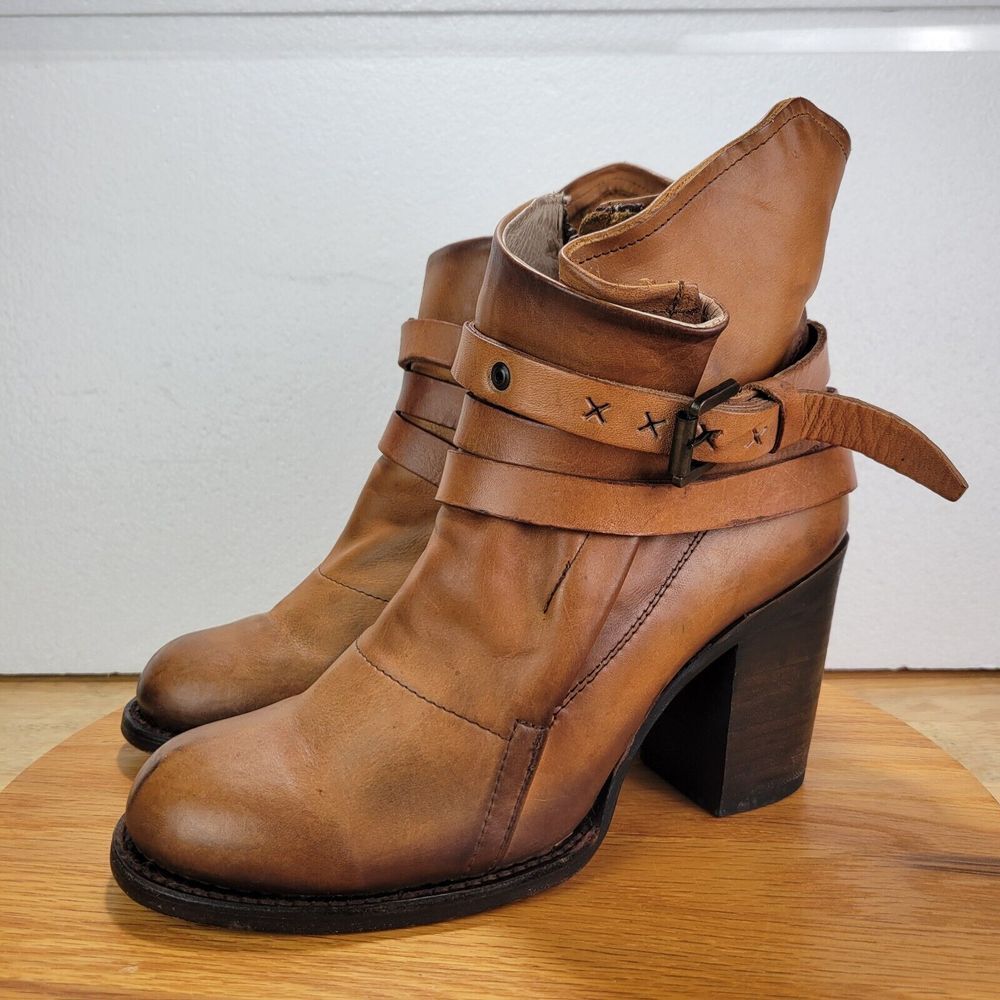 Women's Tan Leather Ankle Boot with Buckle Strap